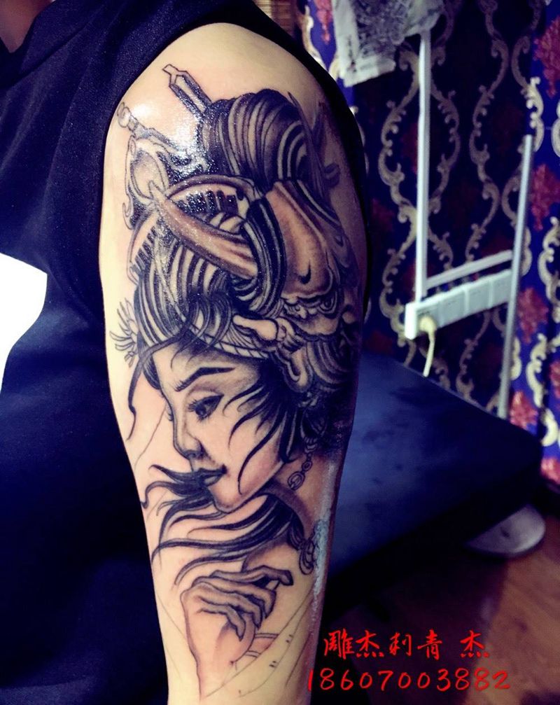 艺妓纹身图片_成品手臂传统肖像人物纹身图案