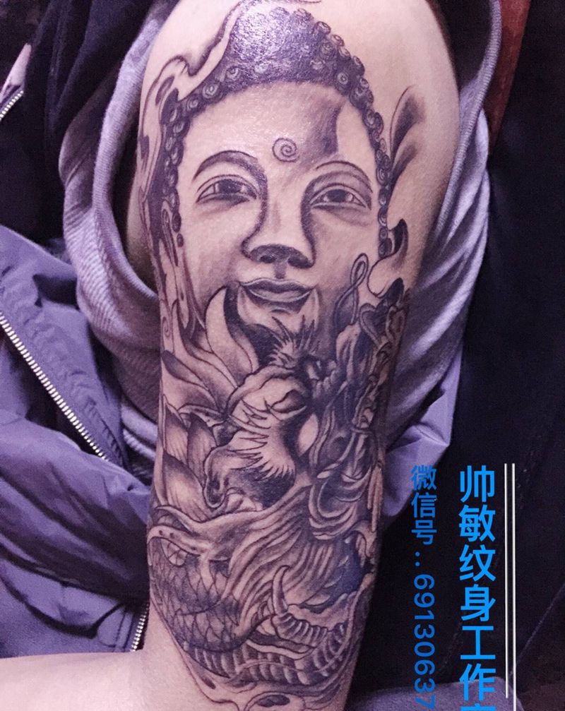 龙托如来纹身图片_手臂肖像人物原创纹身图案