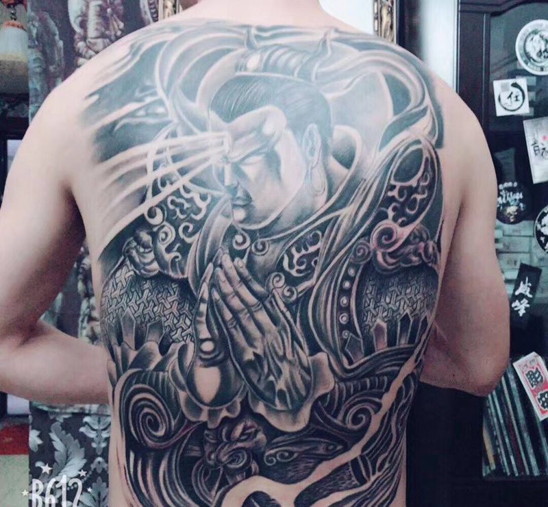 满背二朗纹身图片_成品背部传统肖像人物鬼神宗教纹身图案