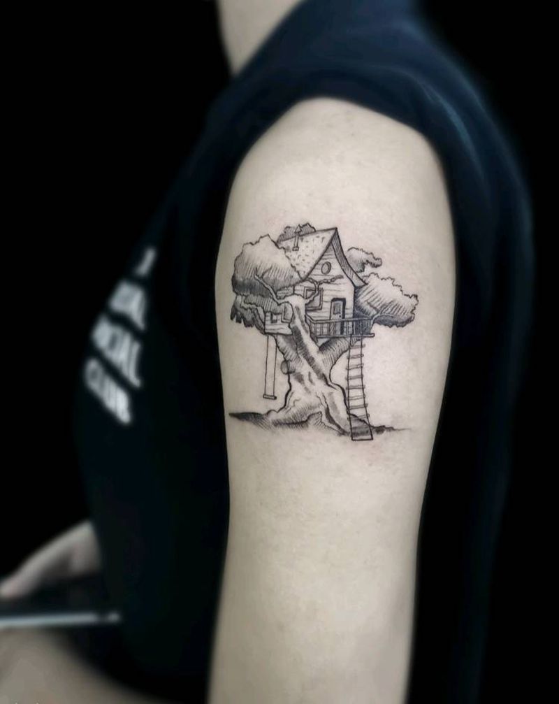 自由的家纹身图片_手臂新传统水墨速写写意的家书房子纹身图案