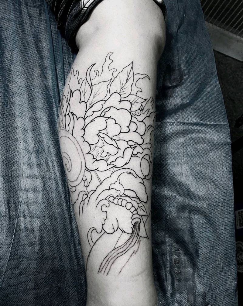 牡丹线条纹身图片_腿部纹身图案