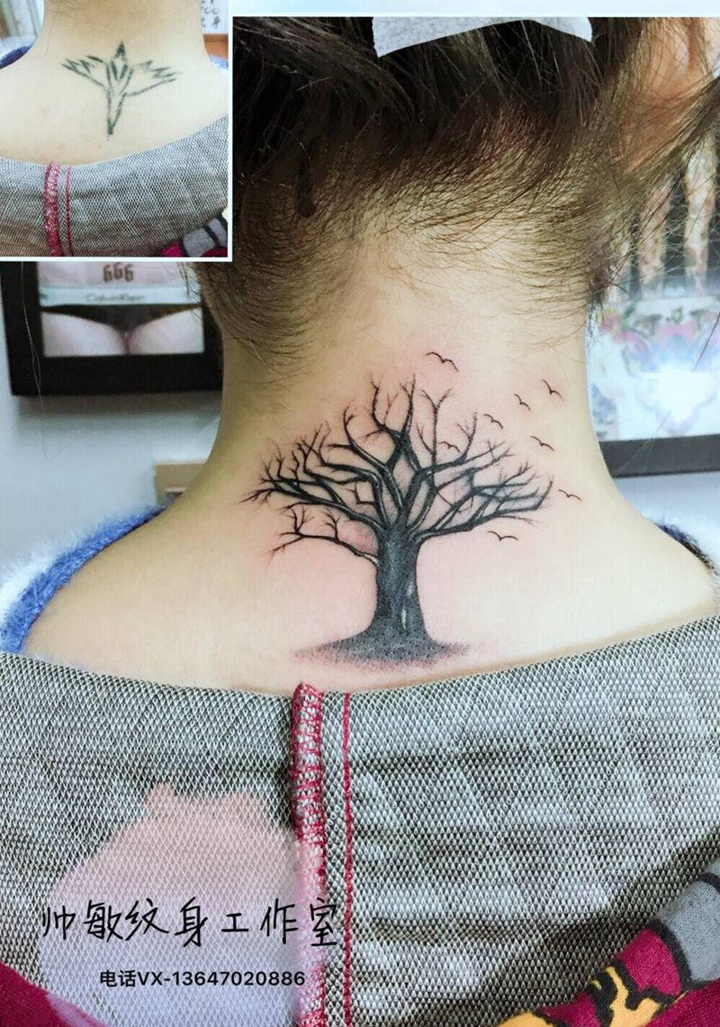 遮盖纹身图片_颈部纹身图案