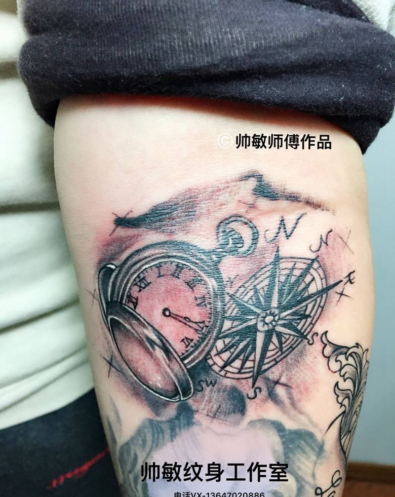 怀表指南针卐纹身图片_帅敏TATTOO静物欧美手部手稿纹身图案