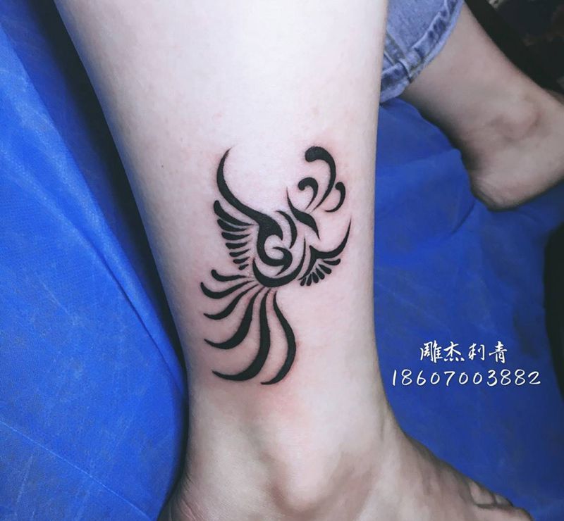 图腾凤凰纹身图片_成品腿部脚部清新传统图腾贴纸纹身图案