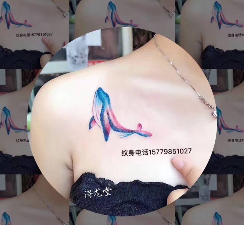 海豚纹身图片_彩色胸部纹身图案