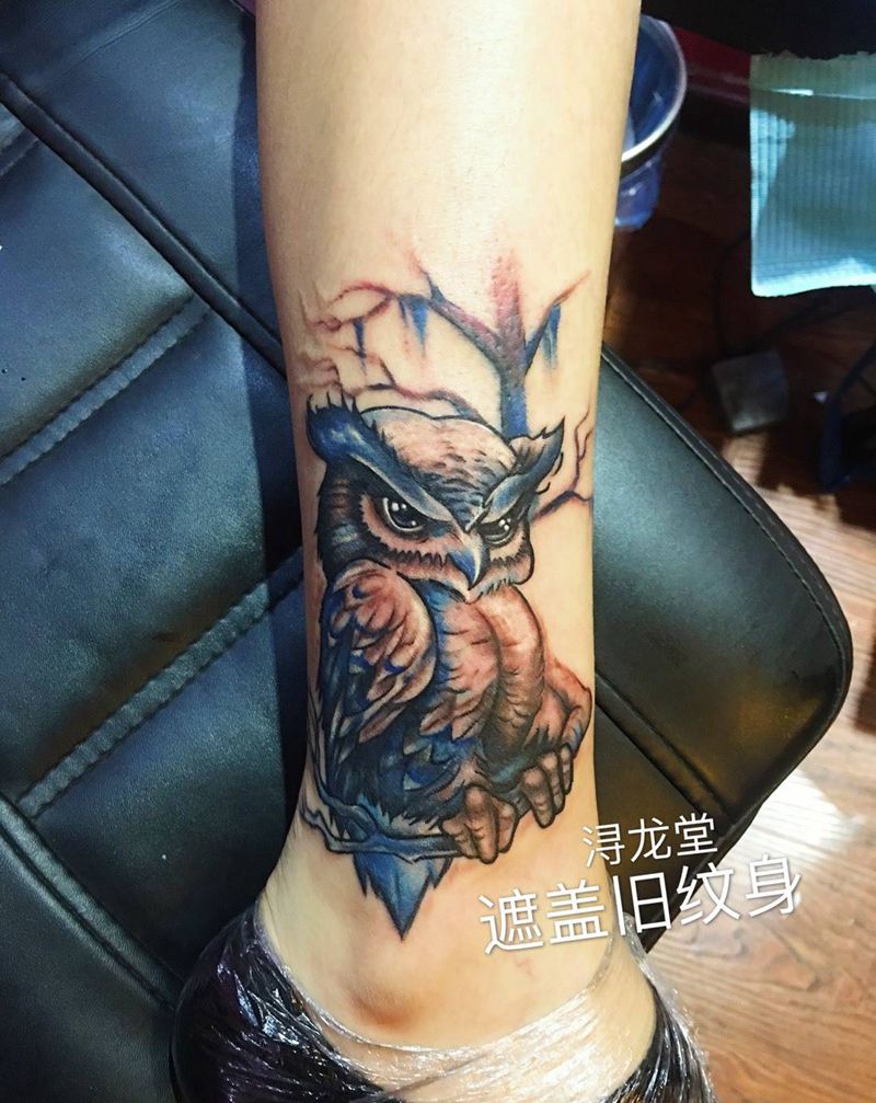 猫头鹰遮盖纹身图片_脚部腿部动物纹身图案