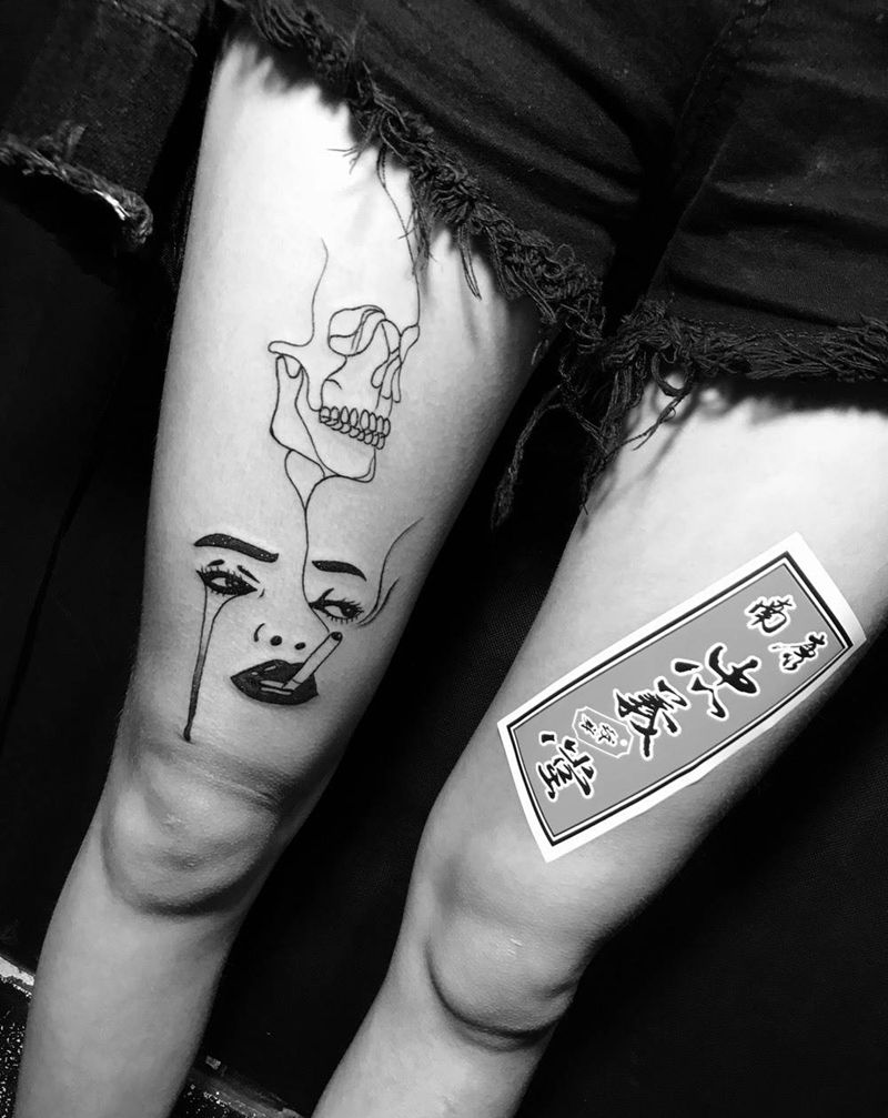 女郎纹身图片_成品腿部欧美几何纹身图案