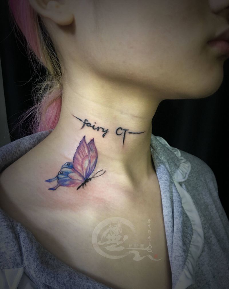 蝴蝶纹身图片_颈部水彩纹身图案