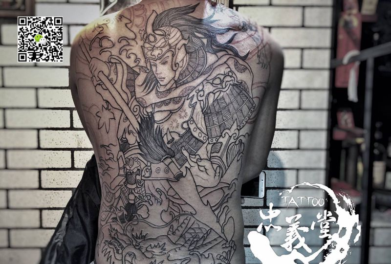 赵子龙线条纹身图片_背部新传统纹身图案