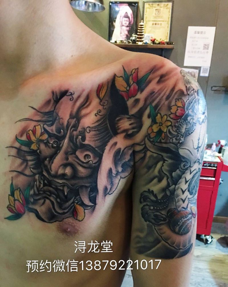 半甲般若象神纹身图片_手臂肩部胸部传统动物植物鬼神彩色原创纹身图案