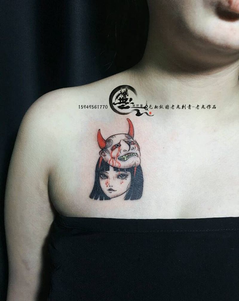 日式纹身图片_胸部日式小清新纹身图案