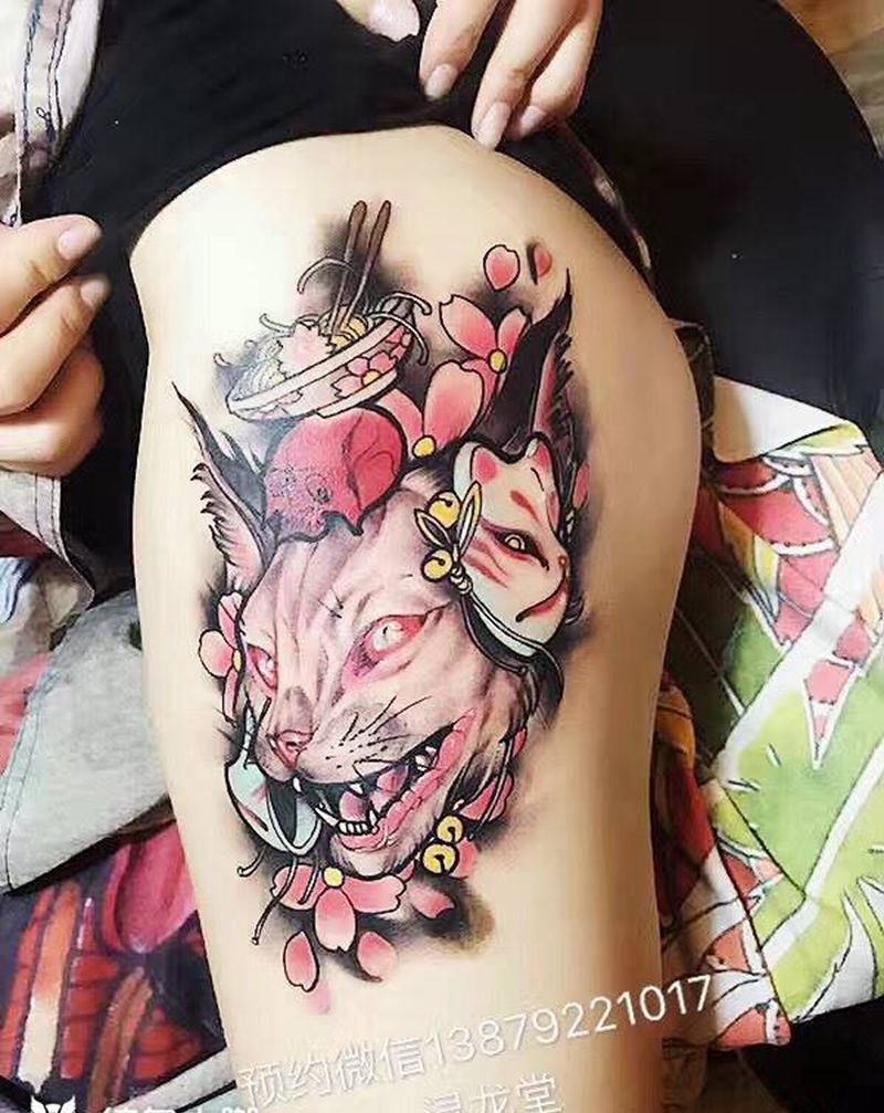猫猫纹身图片_彩色动物腰部臀部手臂腿部成品纹身图案