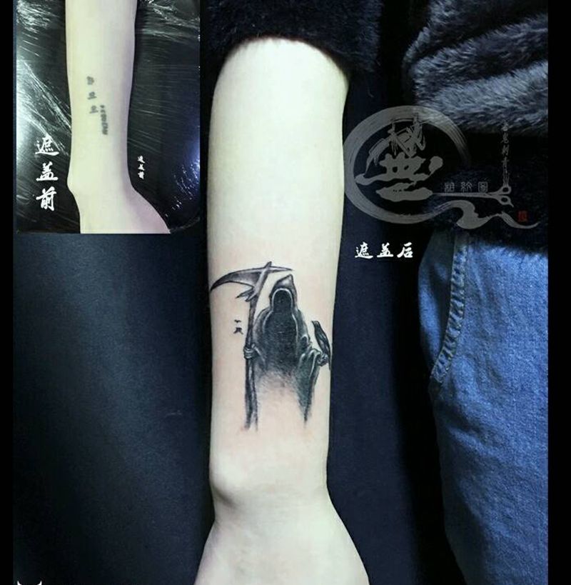 小死神遮盖纹身图片_手部欧美纹身图案