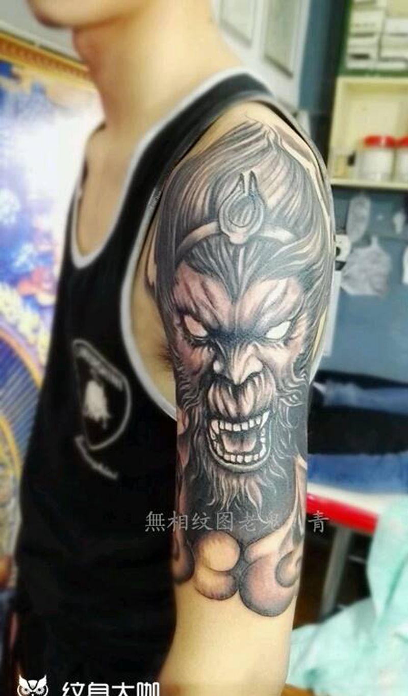 猴子纹身图片_手臂传统成品纹身图案