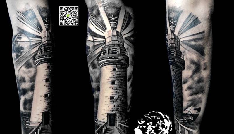 写实灯塔纹身图片_成品手臂欧美写实静物原创纹身图案