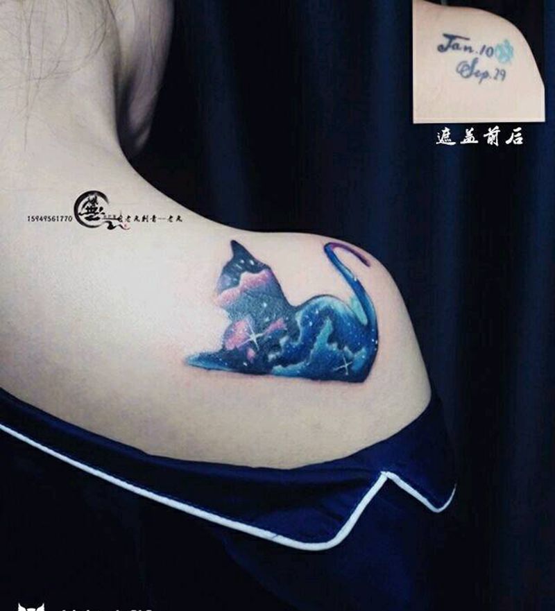 遮盖纹身图片_肩部欧美清新遮盖水彩成品纹身图案
