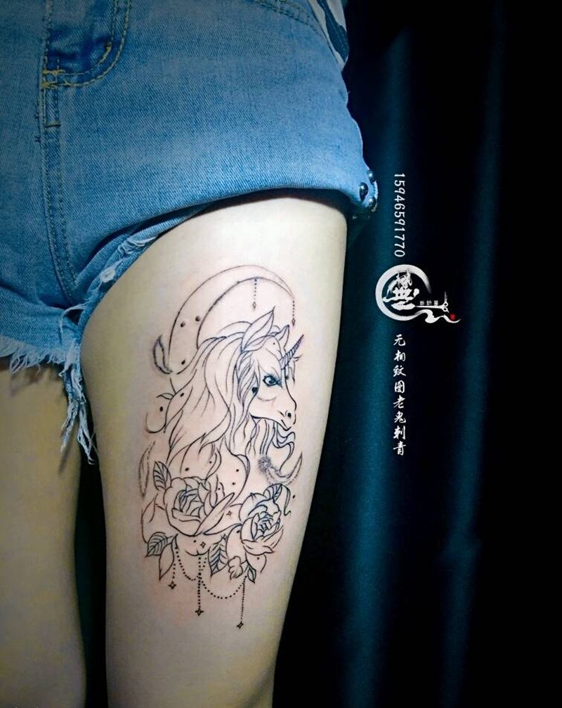 独角兽纹身图片_腿部纹身图案
