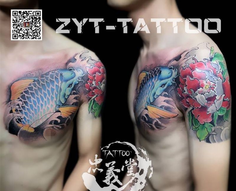 鲤鱼 牡丹纹身图片_成品手臂胸部传统动物原创纹身图案