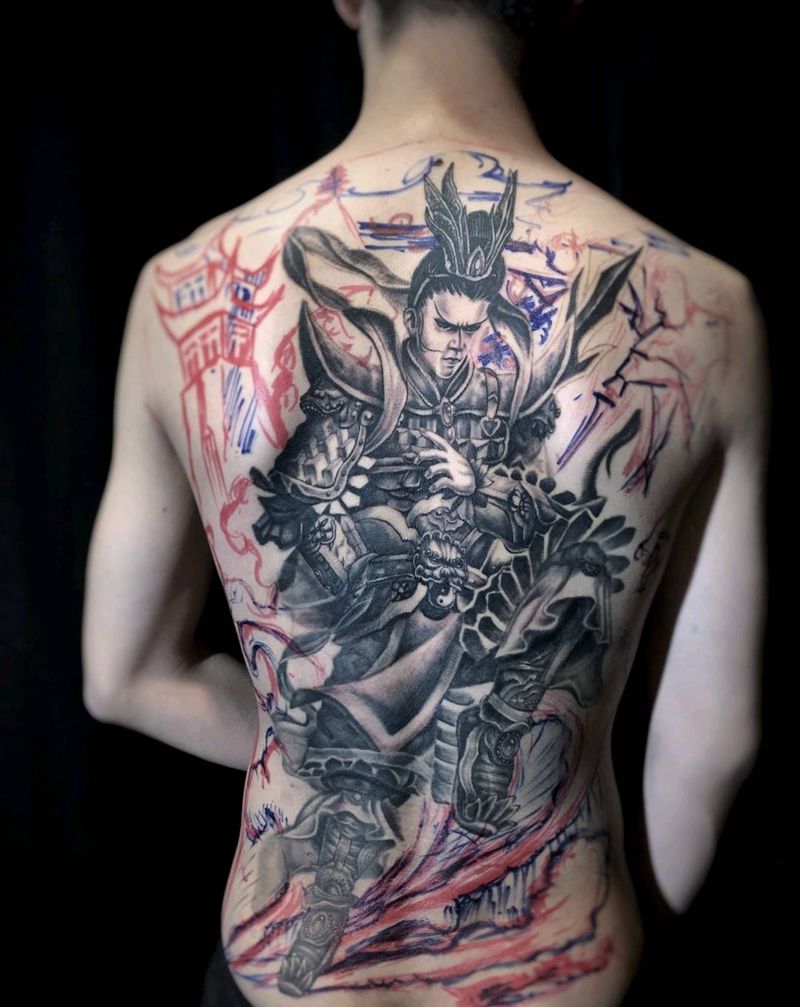 二郎神未完纹身图片_背部新传统纹身图案