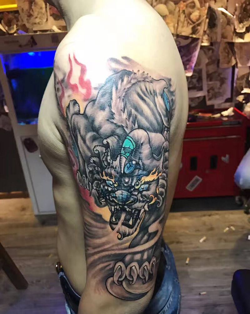 貔貅遮盖旧纹身纹身图片_手臂腿部彩色动物原创纹身图案