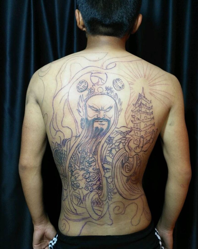 线托塔天王纹身图片_背部传统半成品纹身图案