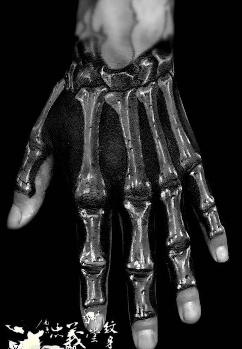 白骨纹身图片_手部欧美写实纹身图案