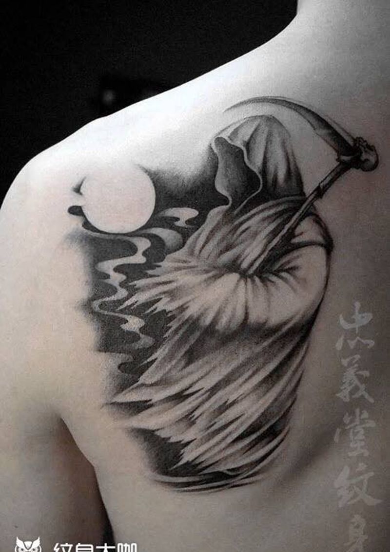 死神纹身图片_成品手稿插画手部颈部背部肩部传统写实习俗纹身图案