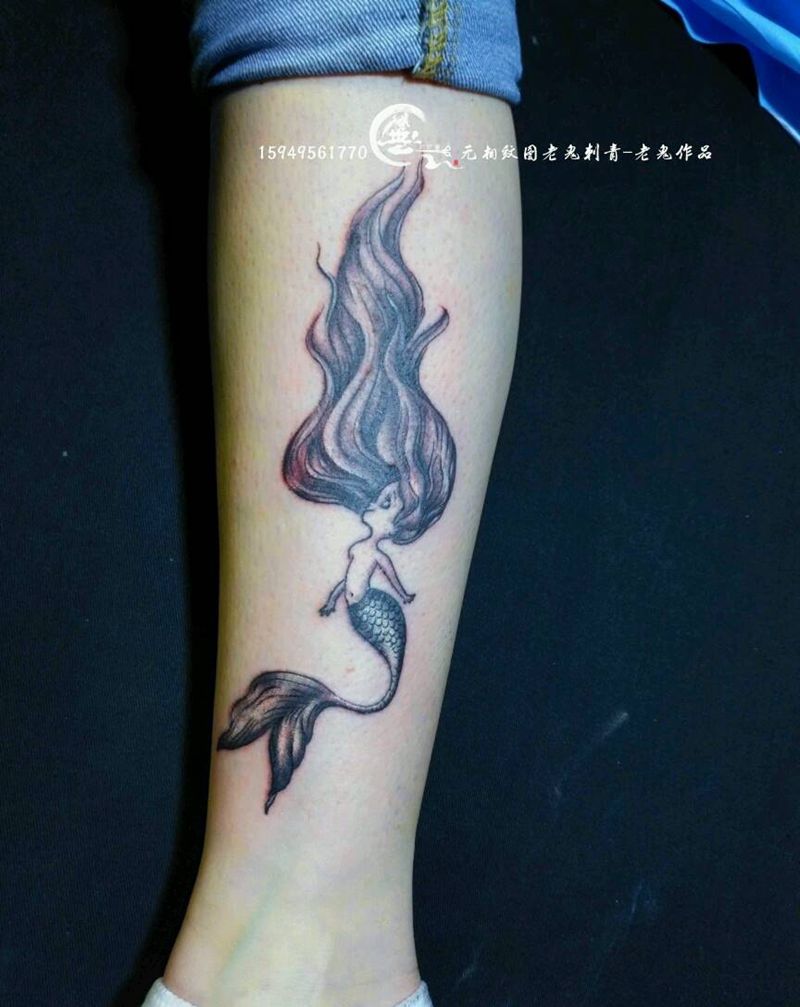 美人鱼纹身图片_脚部清新成品纹身图案
