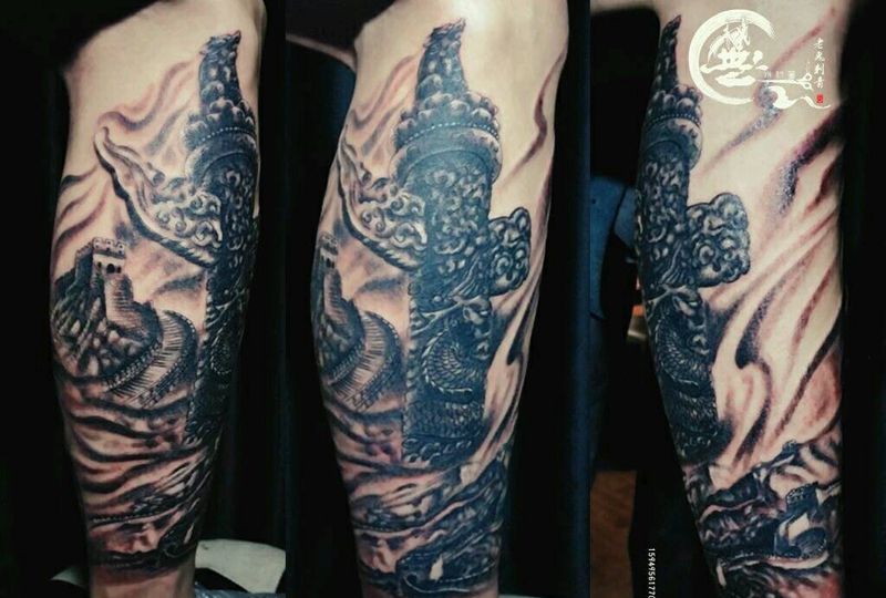 中华魂纹身图片_腿部传统成品纹身图案