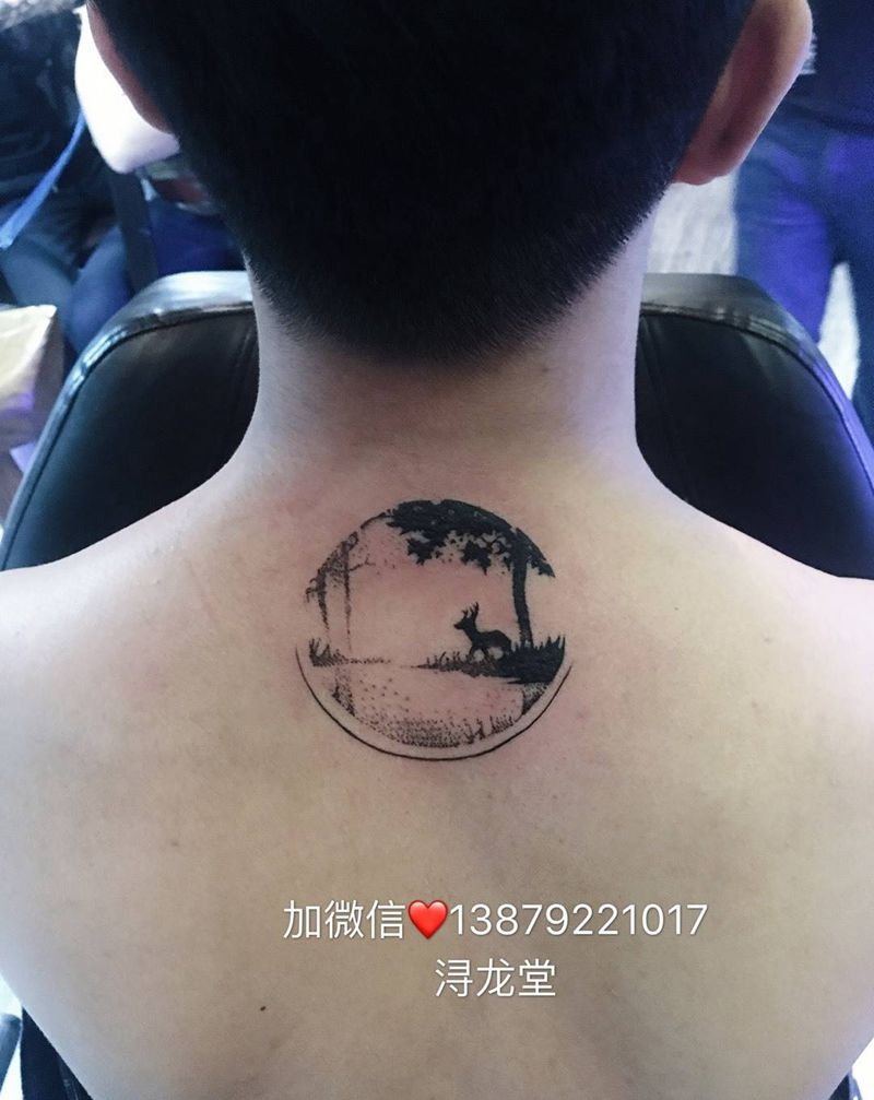 风景鹿纹身图片_颈部手臂动物静物植物原创纹身图案