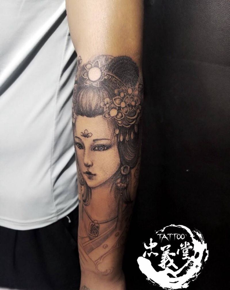 未完成纹身图片_成品手臂传统写实人物纹身图案