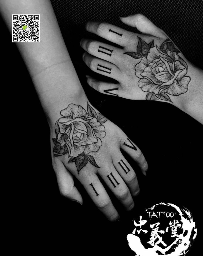 点刺玫瑰纹身图片_成品传统几何纹身图案