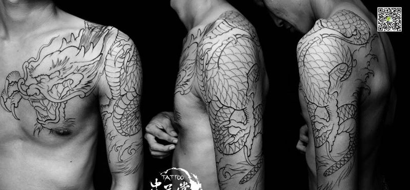 过肩龙线条纹身图片_成品手部习俗动物纹身图案