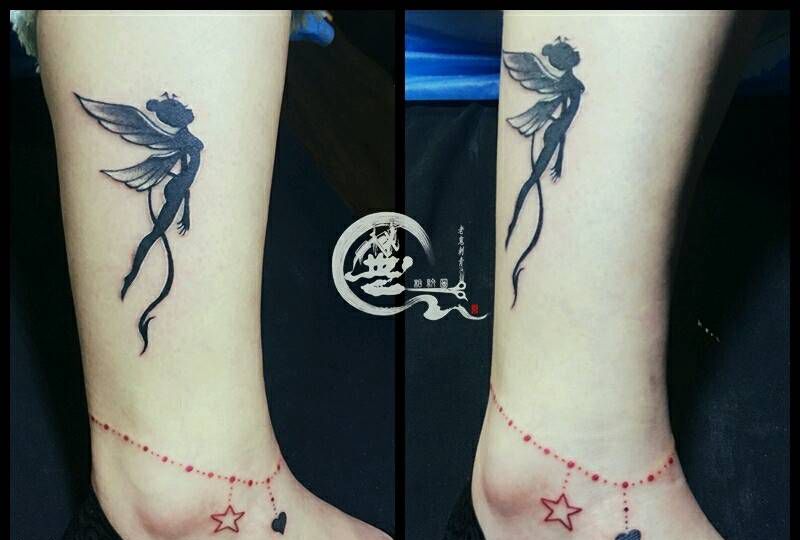 精灵和脚链纹身图片_脚部小清新纹身图案
