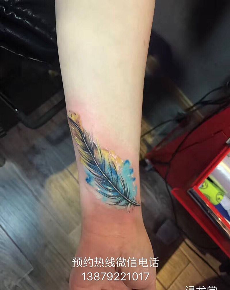 羽毛遮盖伤疤纹身图片_羽毛彩色原创清新纹身图案