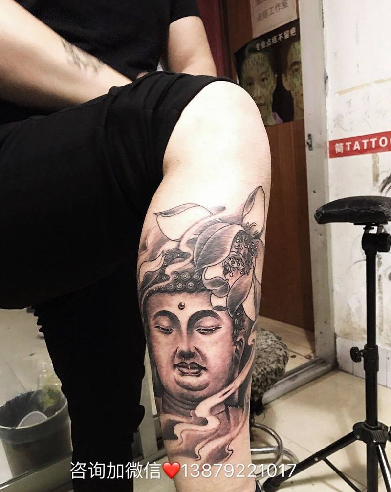 佛纹身图片_宗教腿部传统肖像纹身图案