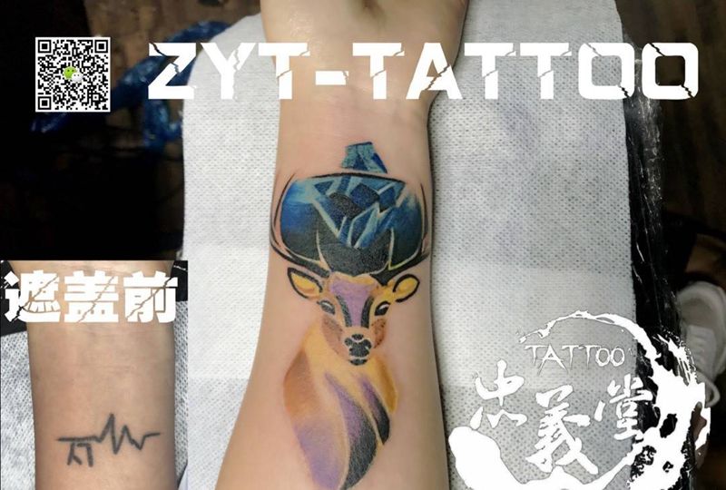 麋鹿！遮盖作品纹身图片_成品手部清新写实习俗传统几何字符人物纹身图案