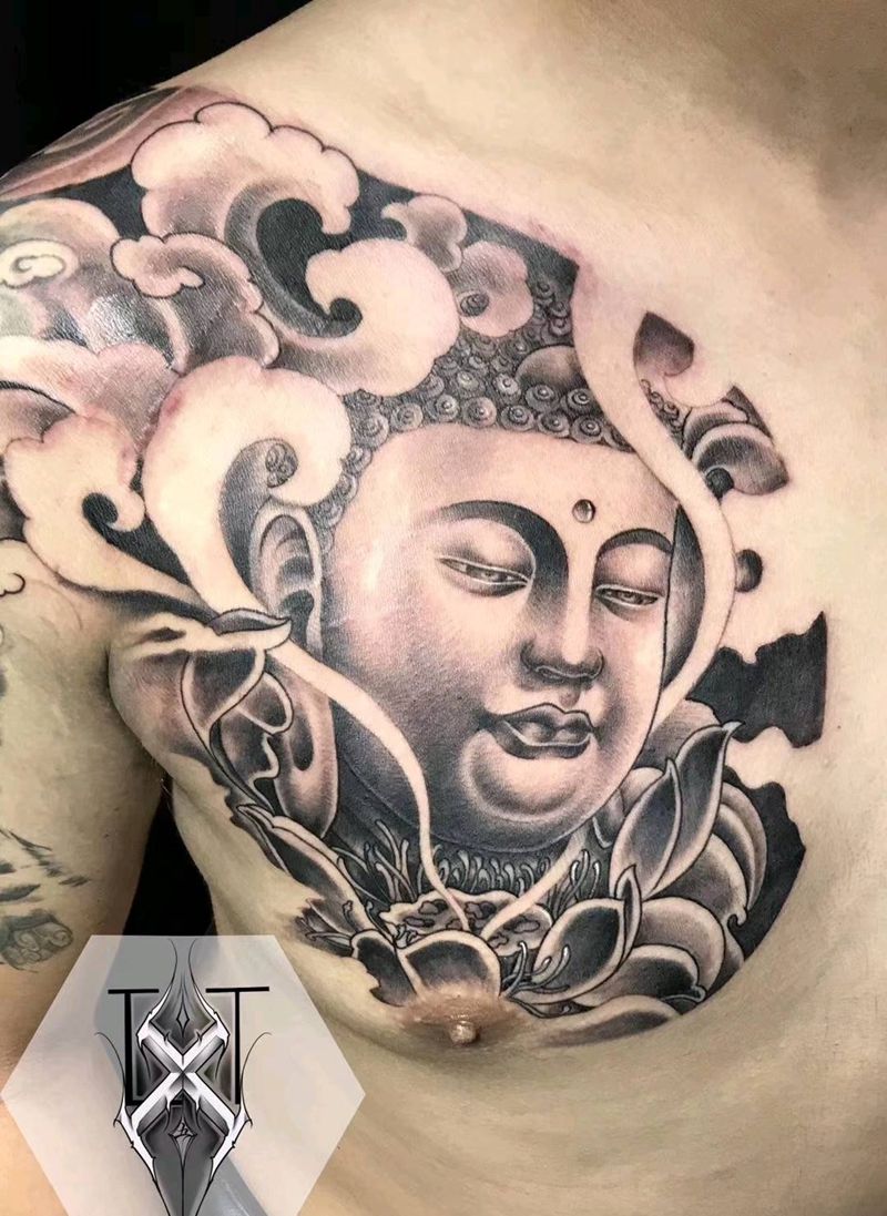 胸口佛纹身图片_胸部新传统纹身图案