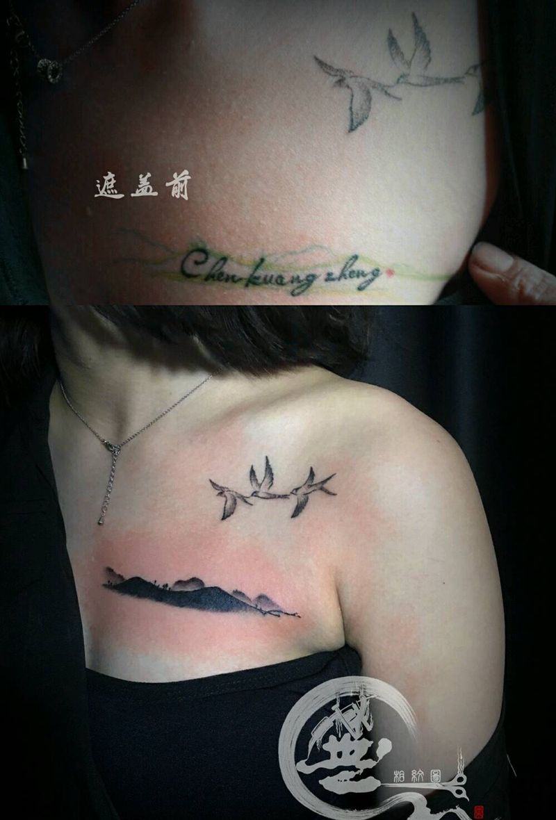 迷你山水纹身图片_胸部水墨遮盖纹身图案