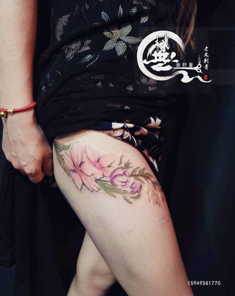 清新花环纹身图片_腿部清新花卉成品纹身图案