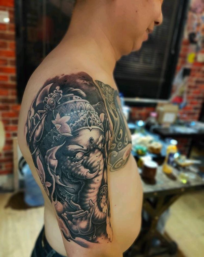 象神纹身图片_手臂新传统纹身图案