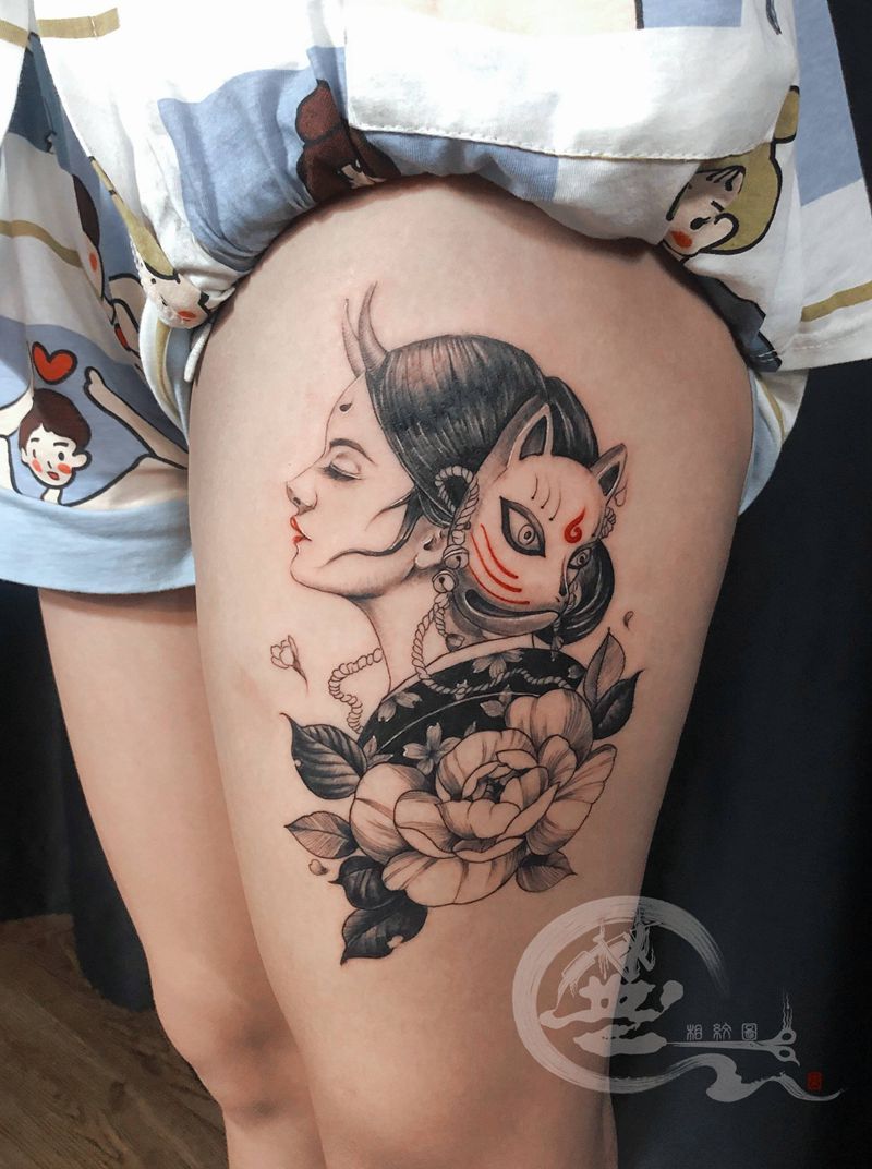 艺妓纹身图片_腿部纹身图案