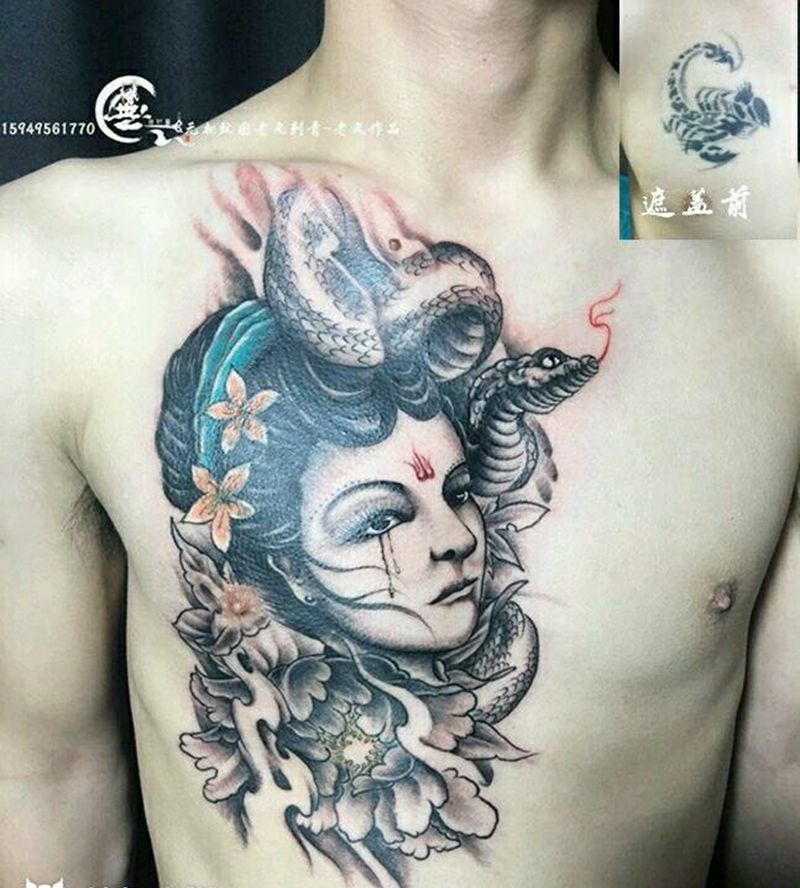 遮盖作品纹身图片_胸部传统遮盖成品纹身图案