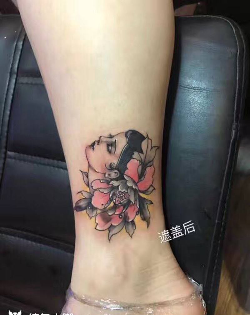 遮盖旧字母纹身图片_人物植物彩色原创脚部腿部纹身图案