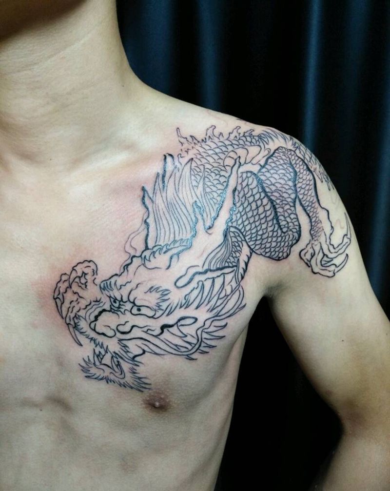 线条完成纹身图片_肩部胸部背部传统原创半成品纹身图案