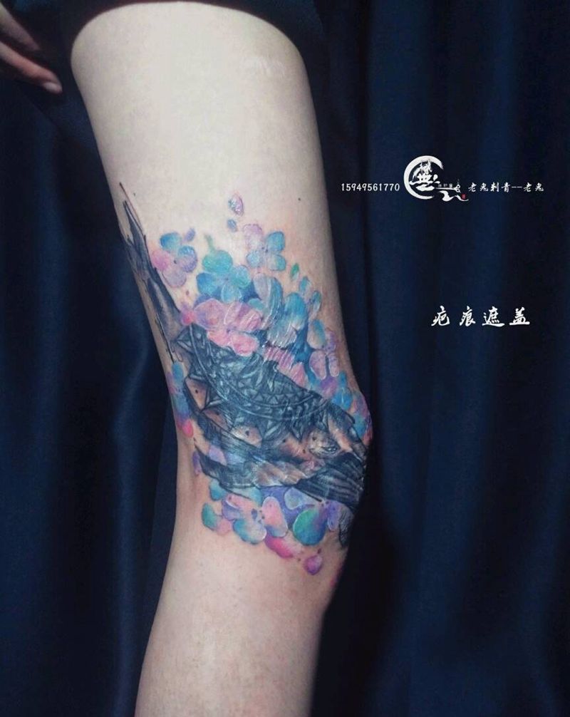 疤痕遮盖纹身图片_腿部欧美遮盖水彩成品纹身图案