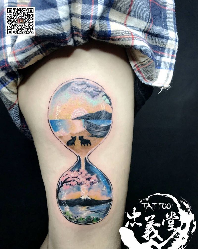 沙漏纹身图片_成品清新几何原创纹身图案