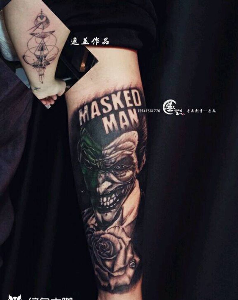 小丑遮盖纹身图片_手臂欧美遮盖成品纹身图案