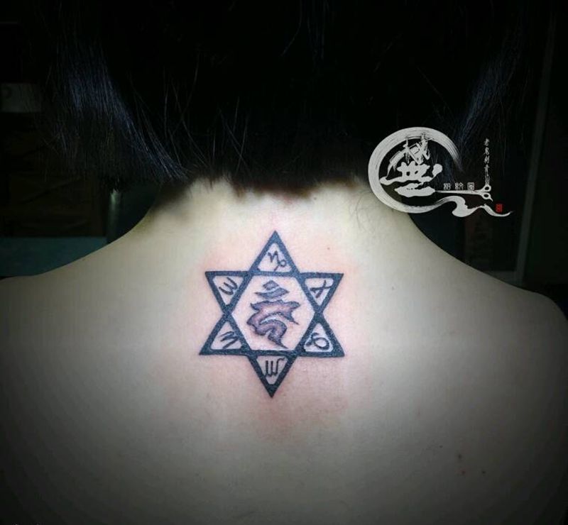 六字真言纹身图片_颈部字符纹身图案