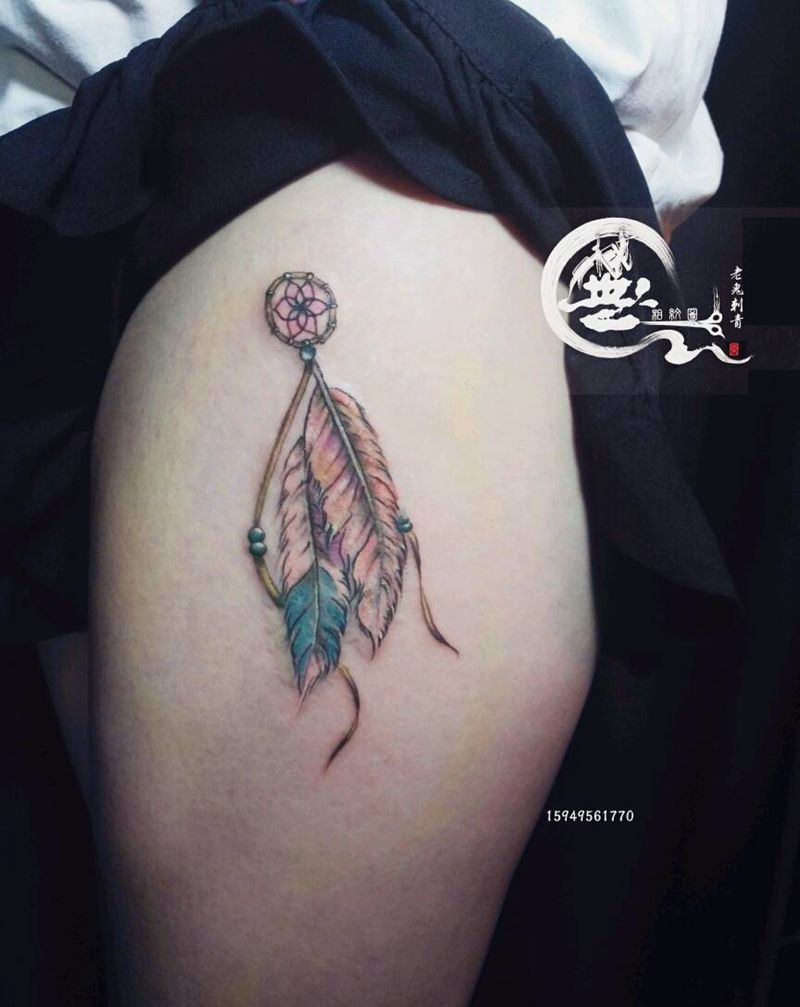 捕梦网纹身图片_腿部欧美水彩成品纹身图案